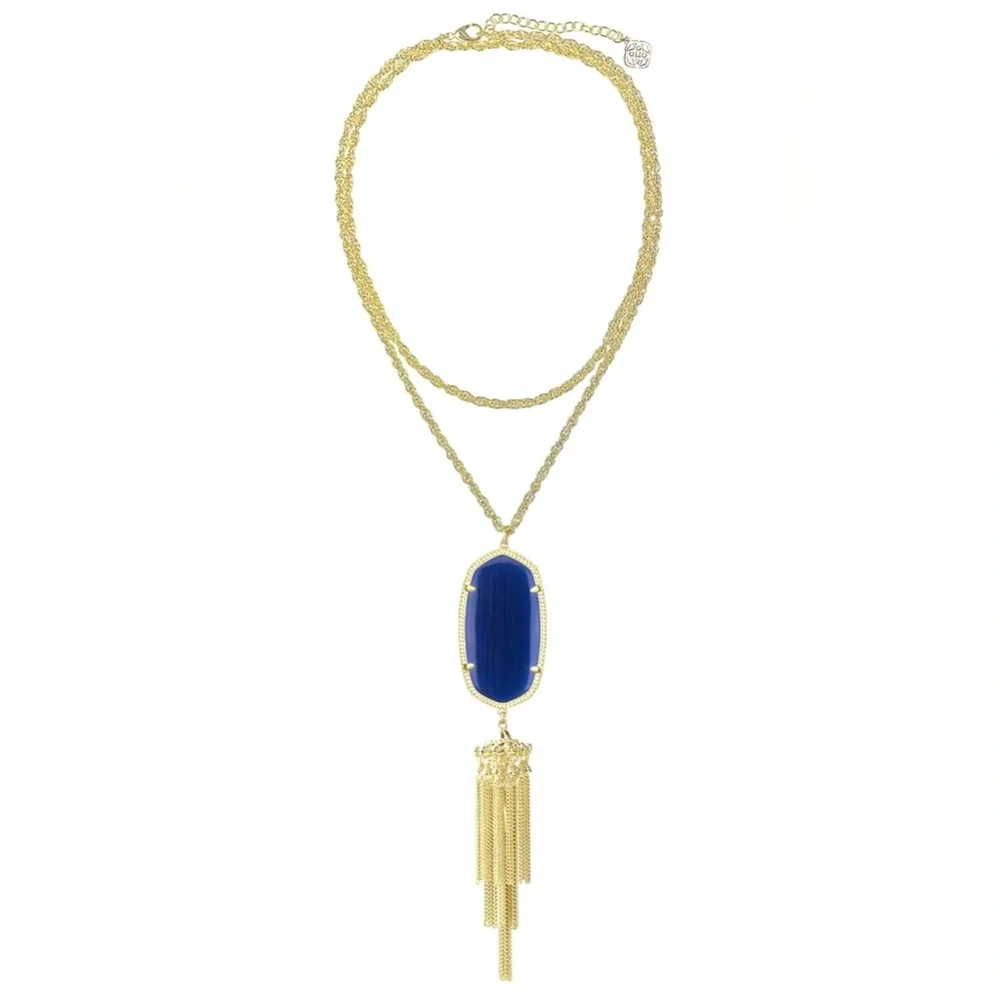 KENDRA SCOTT Rayne Long Gold Necklace w Deep Navy Blue Tassel Pendant